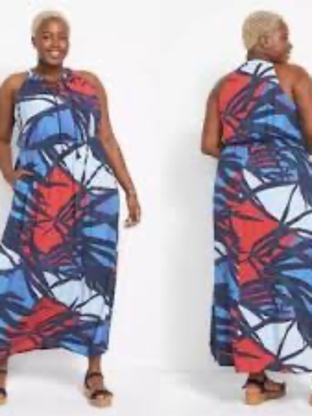 Lane Bryant Dress Size 24 Maxi Halter Lace Up Red Blue Elastic Waist Lined EUC